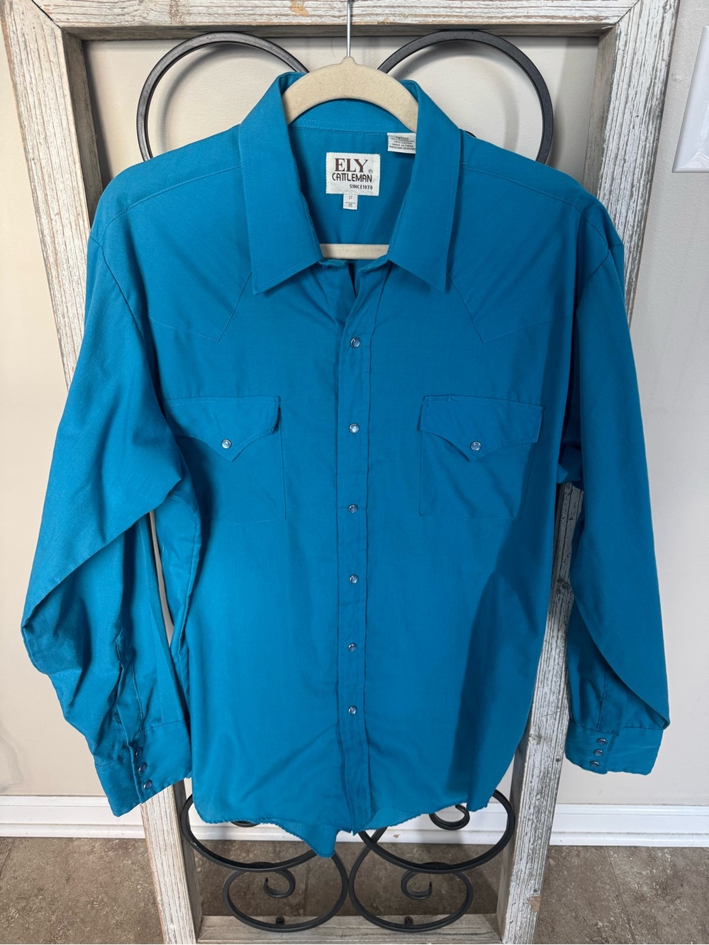 ELY‎ Cattleman Western Pearl Snap Shirt Turquoise Blue Long Sleeve Men XL 17 35